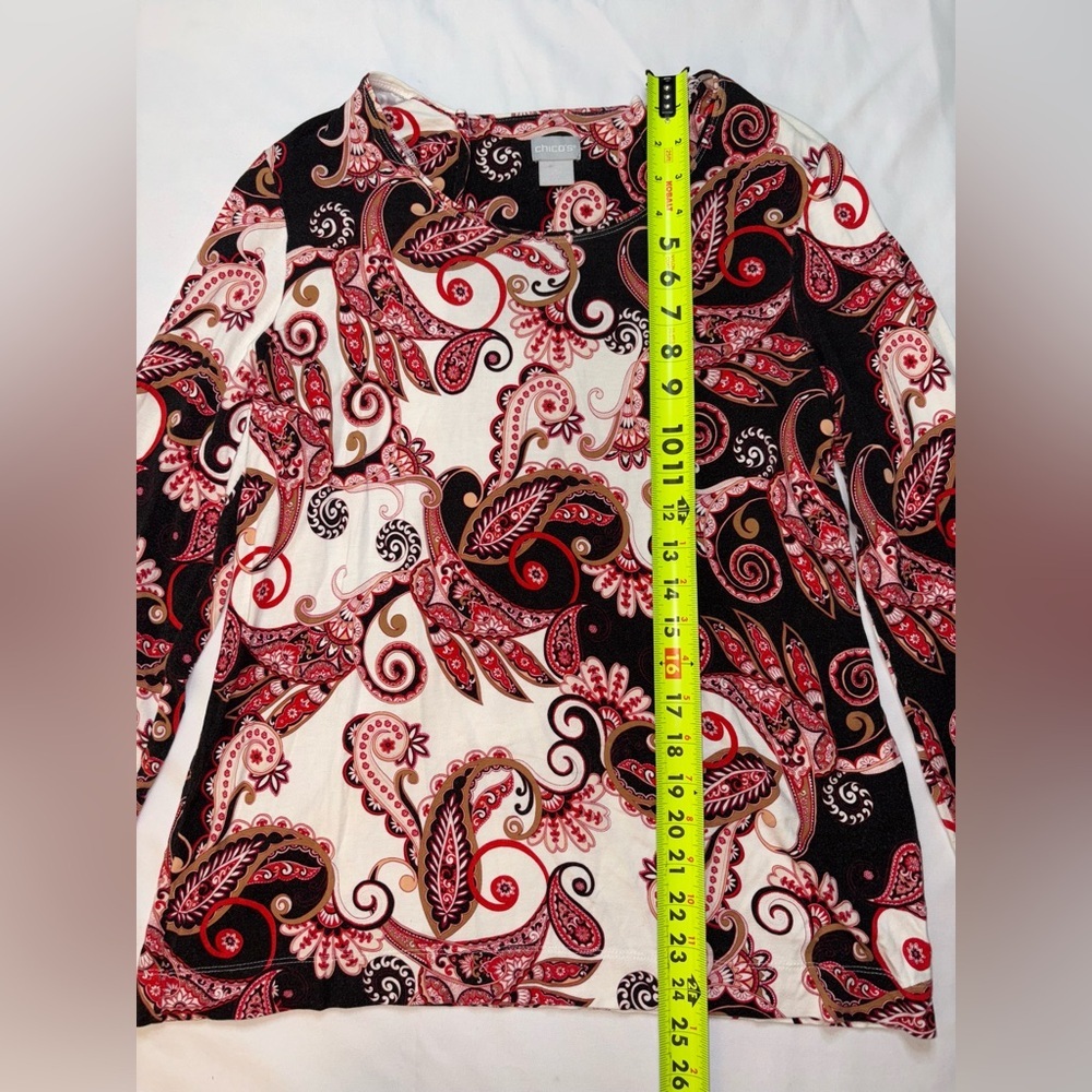 Chicos Size L (2) White Brown & Red Paisley Long Sleeve Fall Preppy Shirt - Picture 2 of 6